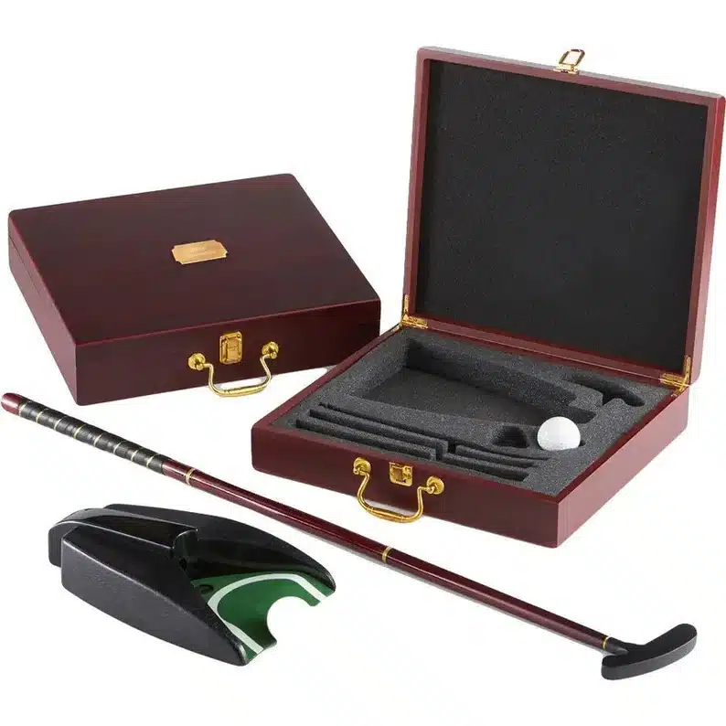 Cherry wood box that contains personalized golf set, 