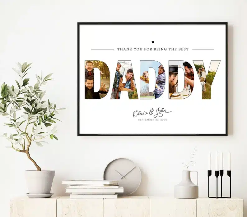 Father’s Day Gifts For Ex-Husbands - White print with DADDY on it filled with photos. 