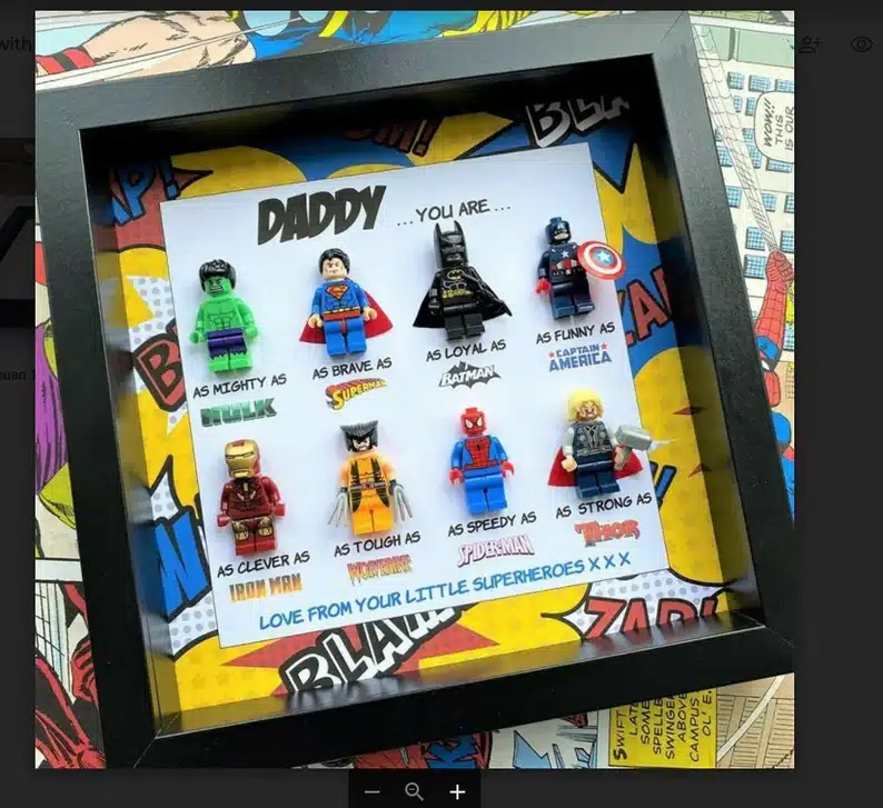 Black framed customable superhero, background comic book style with eight different Lego super hero's. 