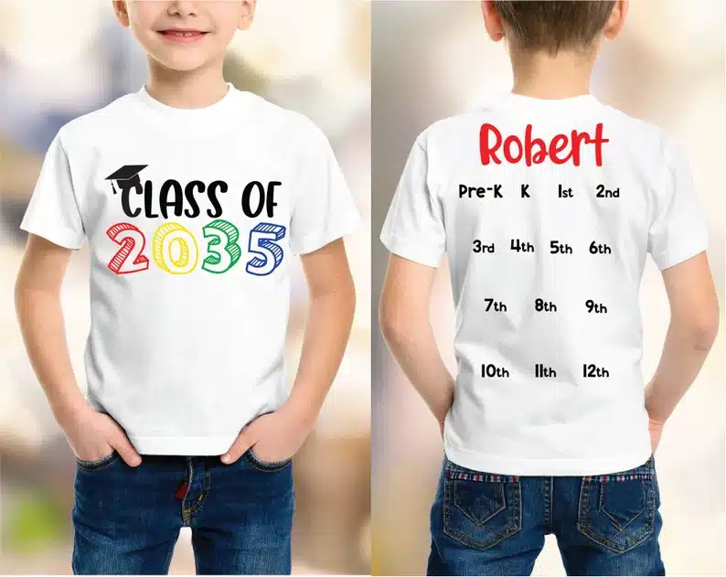 End of Year Classroom Gifts for Kindergarten Students - Future graduation white t-shirt that says class of 2035 in the front and each year on the back where handprints can be added. 