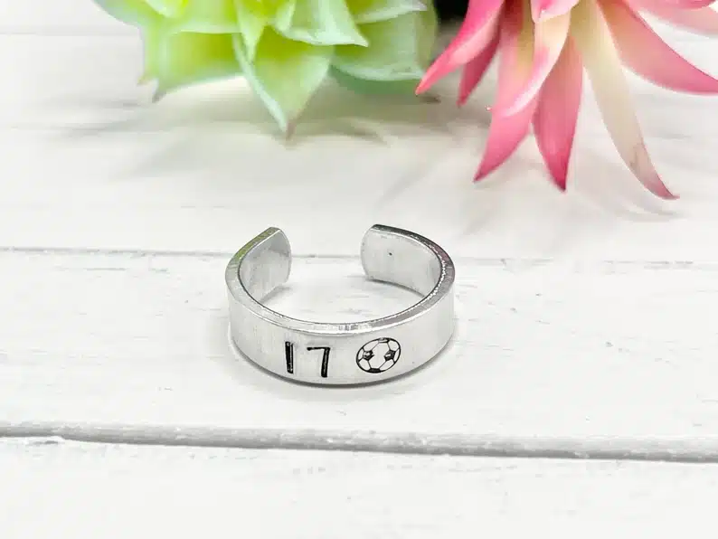 Gifts For a Soccer Mom - silver cuff style ring that says 17 with a soccer ball. 