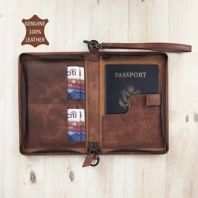 Personalized passport cover in dark brown leather. 