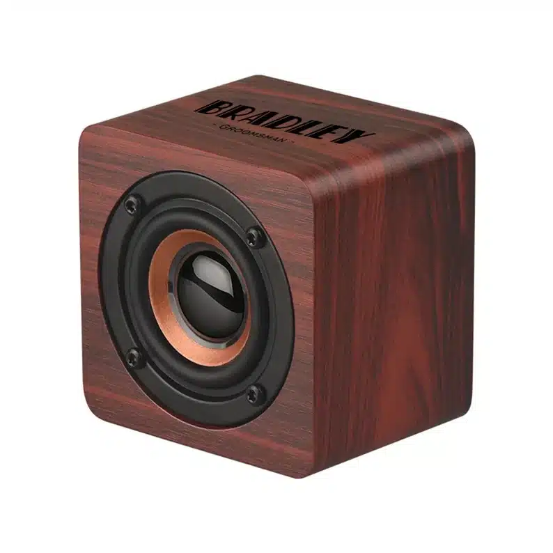 Cherry wood personalized mini wireless bluetooth speaker. 