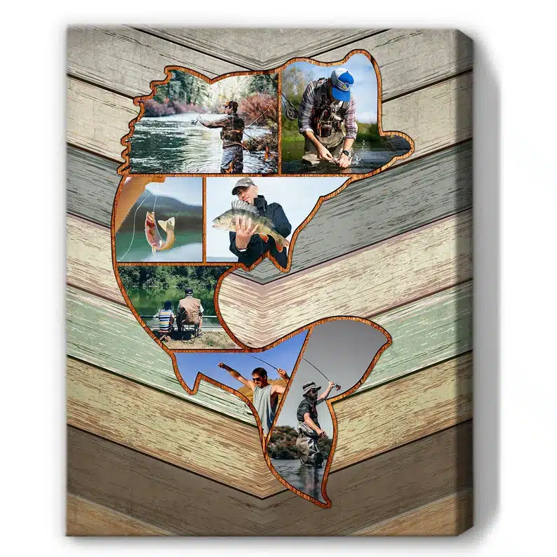 Personalized fishing frame shaped like a fish with photos in it. 