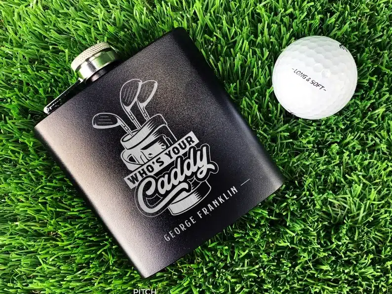 Father's Day Gifts for Retired Men - black flask with golfing bag on it. 