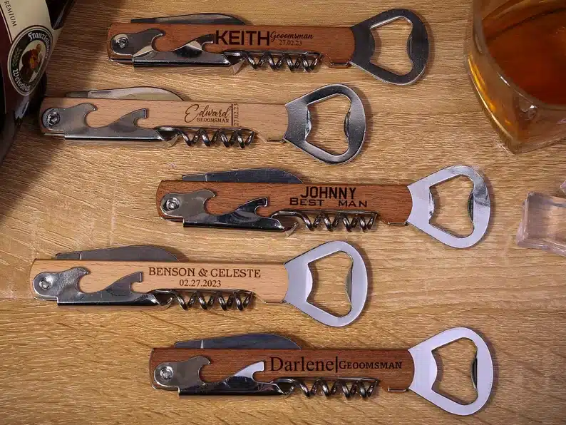 Wooden personalized bottle openers. 