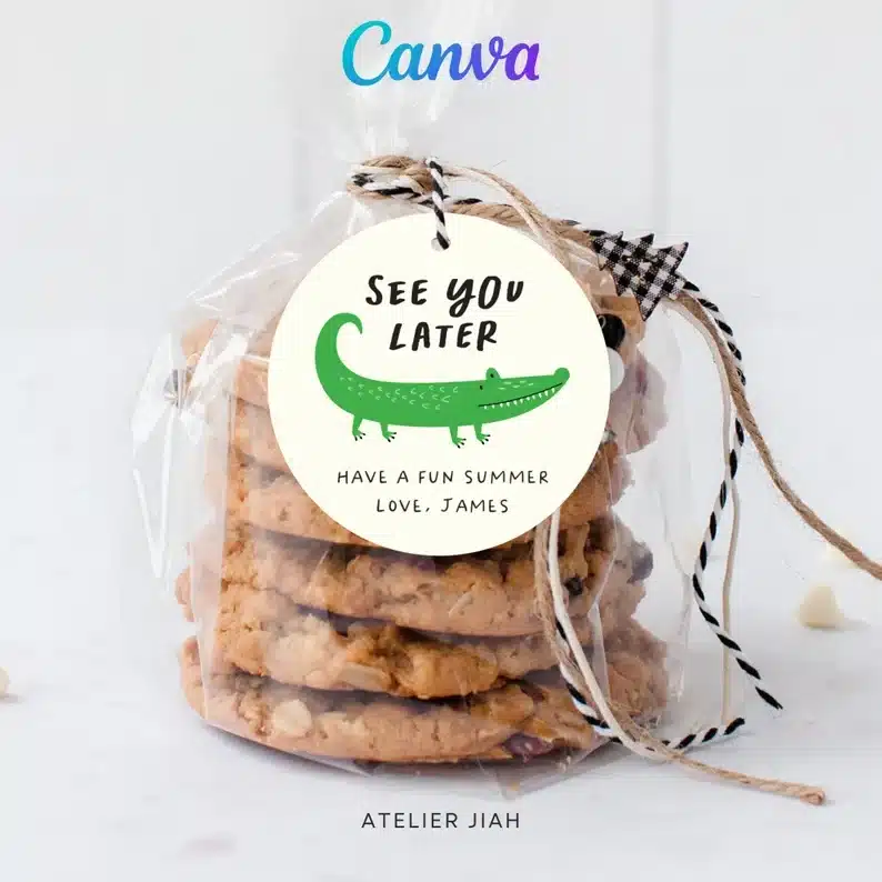 Clear bag of cookies with a round tag that says See you later! With a green alligator on it. 