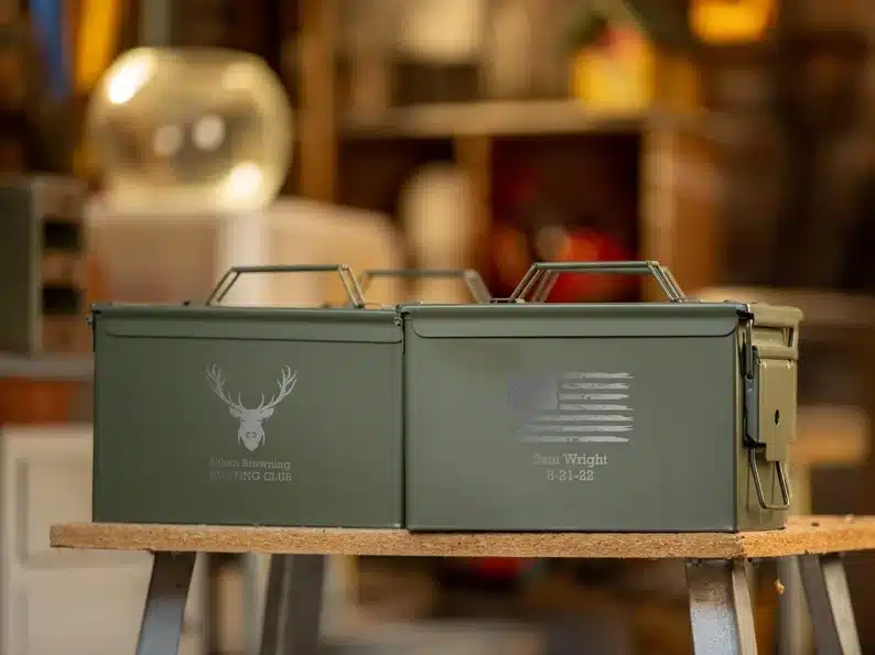 Army green personalized ammo box. 