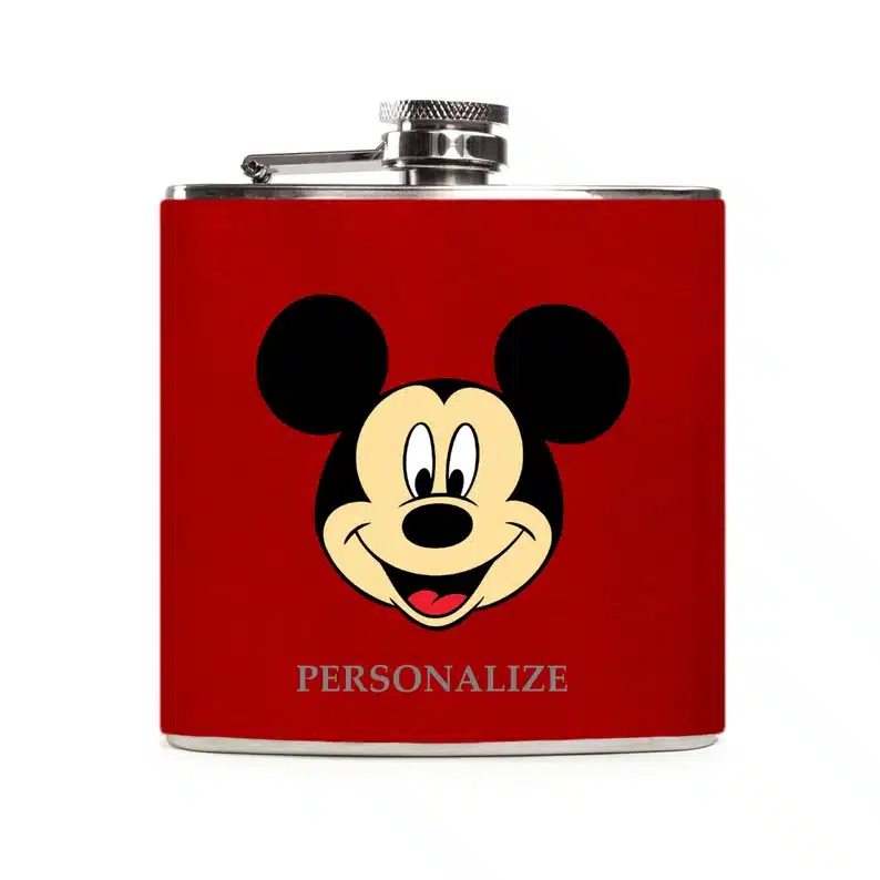 Birthday Gifts for the Disney-Obsessed Adult in Your Life - Red personalized Disney flask with Mickey Mouse on it. 