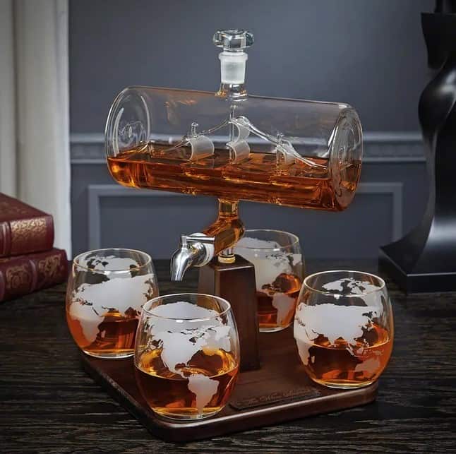 Sail Away Whiskey Decanter Set with a ship in the bottle and glasses