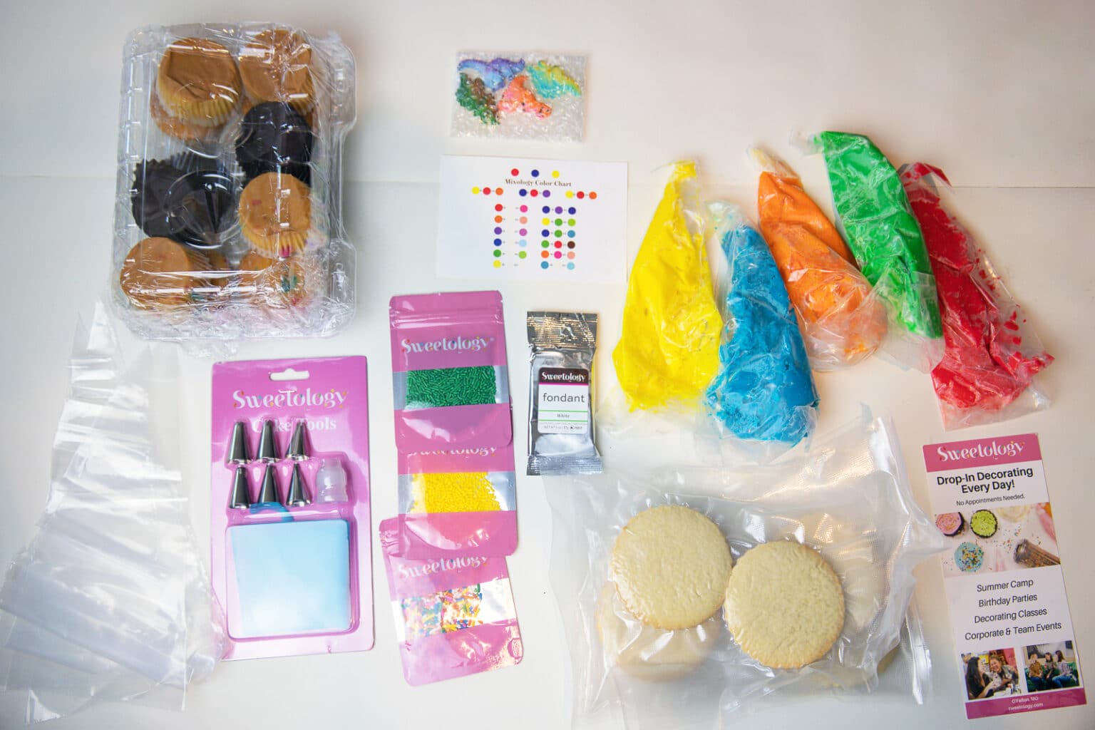 Everything that came in our Sweetology cupcake and sugar cookie decorating kits for our party