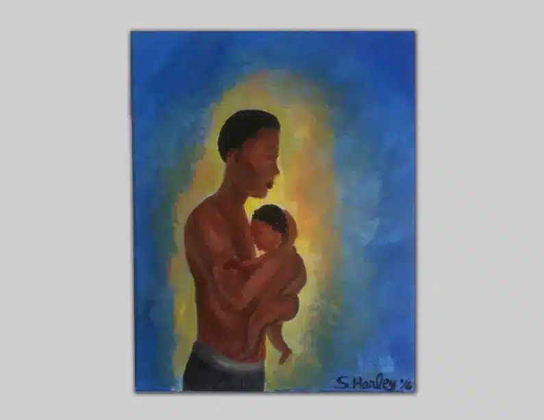 Father and son art, African American art, black man with son, black child painting, fathers day wall décor, new dad artwork