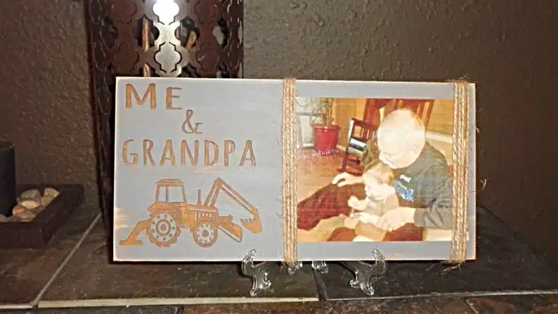 Father’s Day Gifts For Grandpa From a Kid - blue frame with tractor on it with a photo of a  kid and grandpa. 