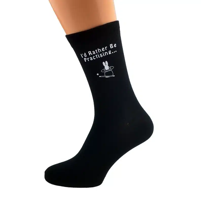 I'd Rather Be Practicing Magic and Magician Hat Image Printed on Black Socks