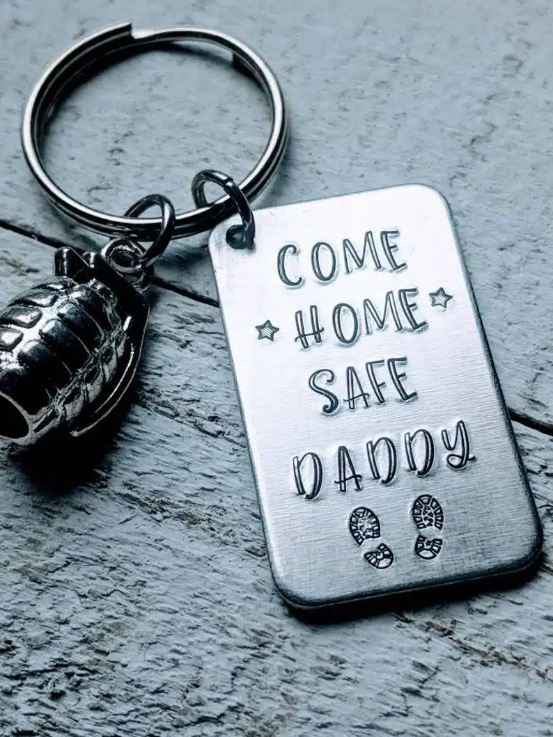 Father’s Day Gifts For Military Dads - silver come home safe daddy keychain. 