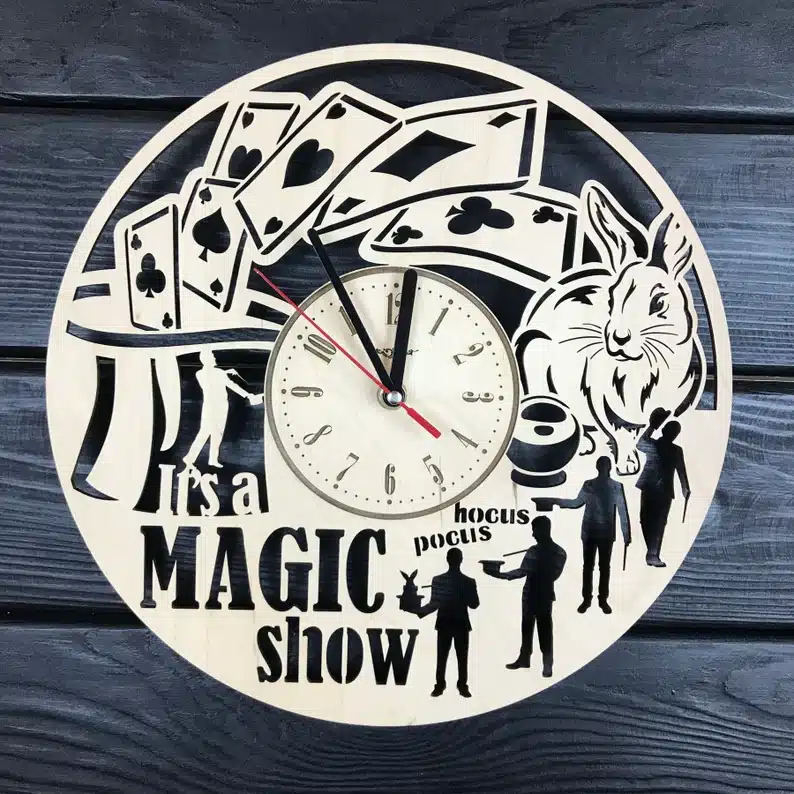 Greyish blue background with a white cut out clock with various magic stuff on it like cards, bunny, hat, people, and it says It's a Magic show" 