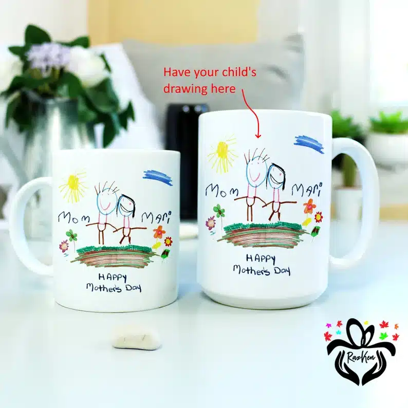 Custom white mugs with a kids drawing on it 