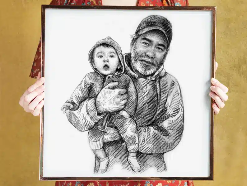 Charcoal drawing of a grandpa and a baby. 
