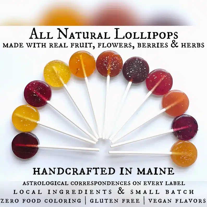All natural lollipops shown, all different colors. 