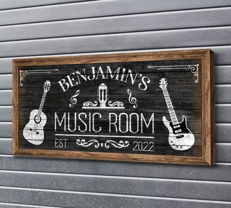 Wooden sign that says Benjamin's music room. 