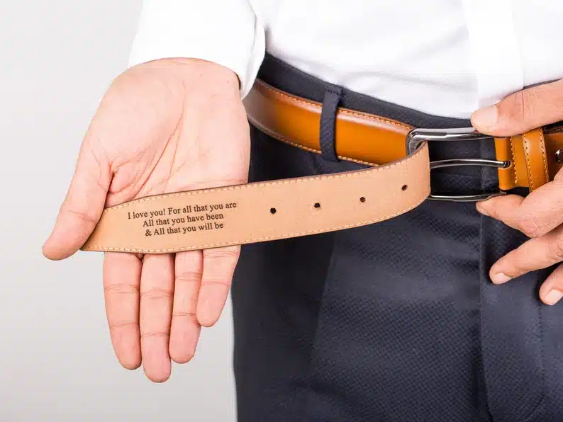 Brown leather custom engraved belt. 
