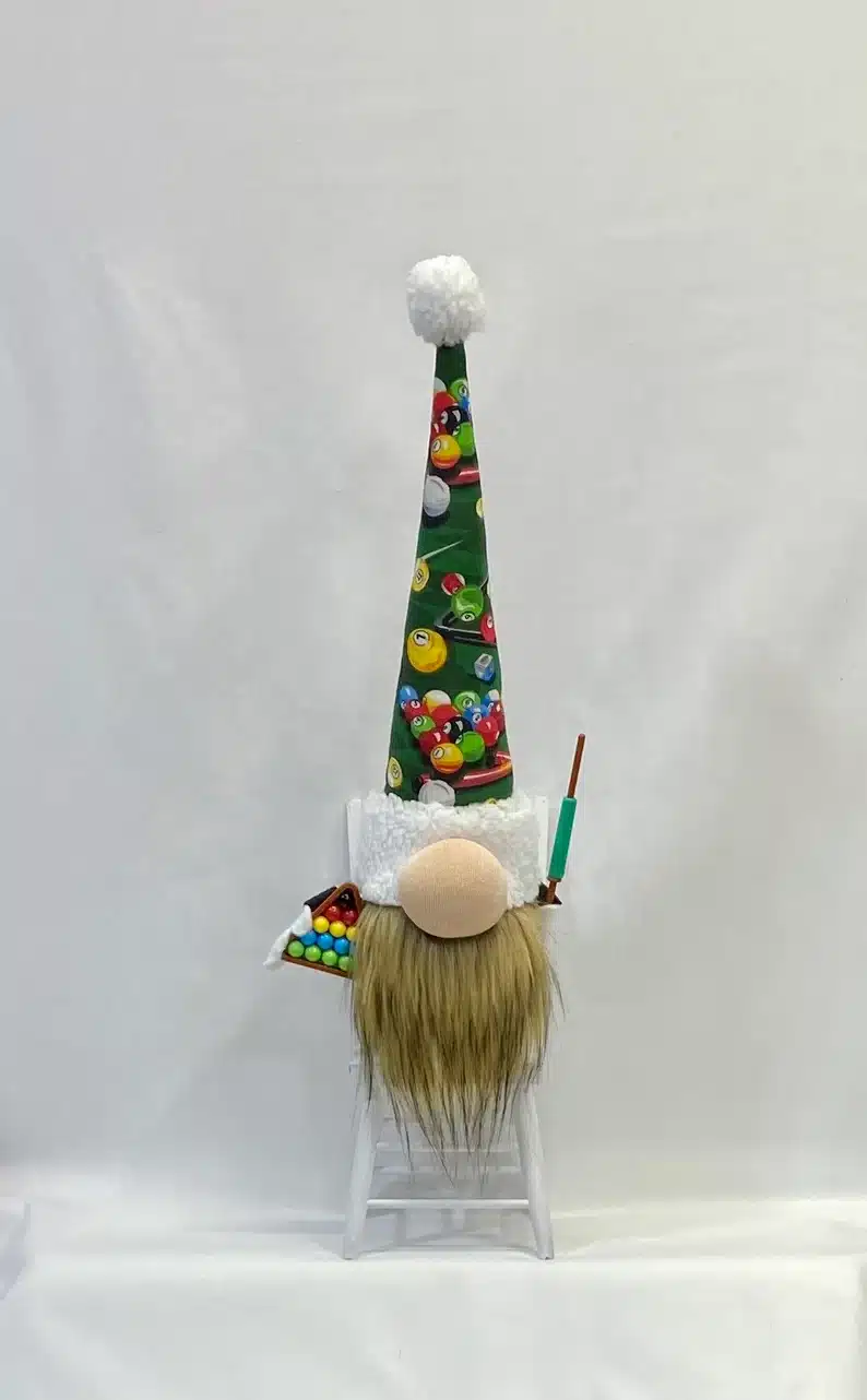  Gifts for a Pool Player - handmade gnome with a pool patterned hat. 