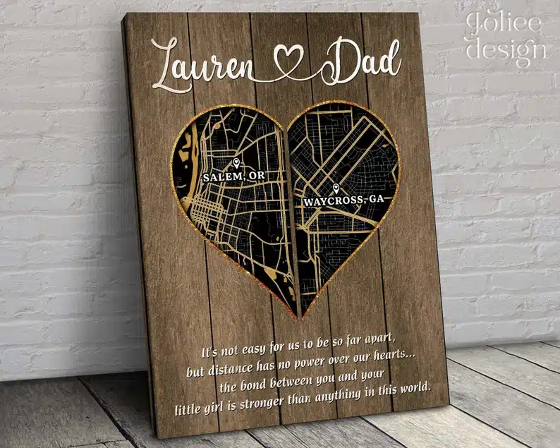 Wooden heart canvas with two differnt locations shown. 