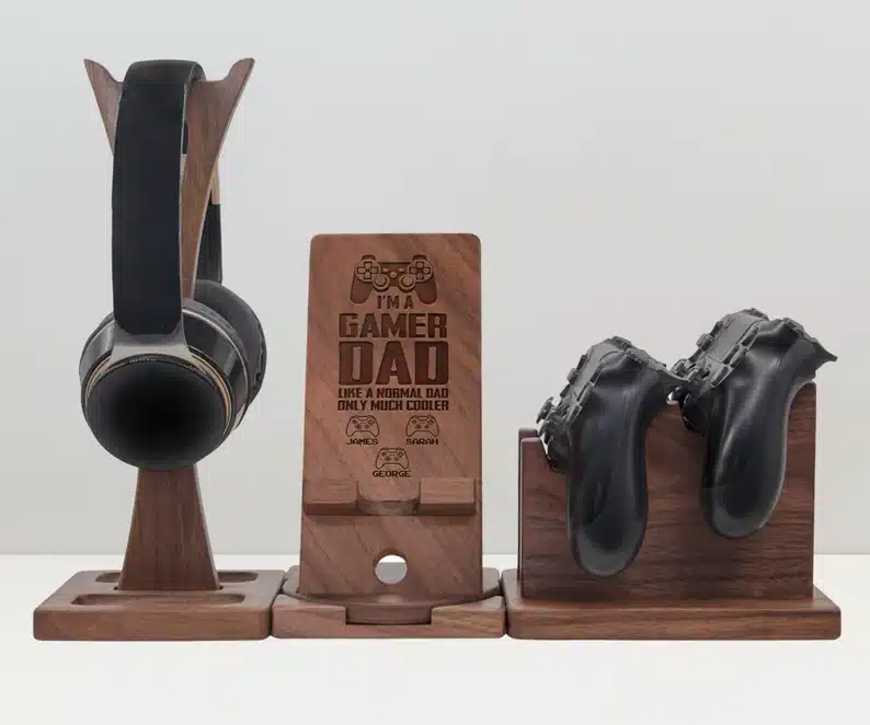 Father’s Day Gifts For Your Boyfriend - wooden gaming organizer set to hold headphones and controllers. 