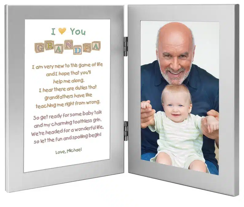 Father’s Day Gifts For New Grandpa - Photo frame that opens one side with a poem about grandpa and the other side a grandpa with a baby boy. 