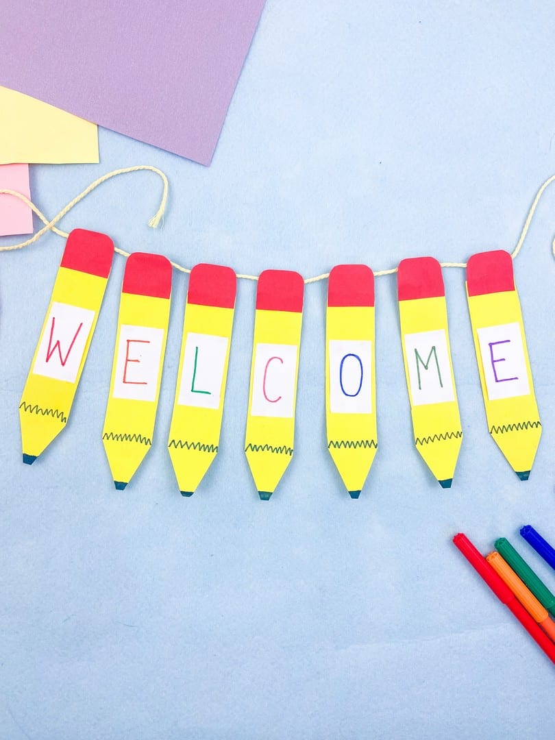 Colorful Pencil Welcome Banner Craft -yellow cut outs of pencils with welcome on it. 
