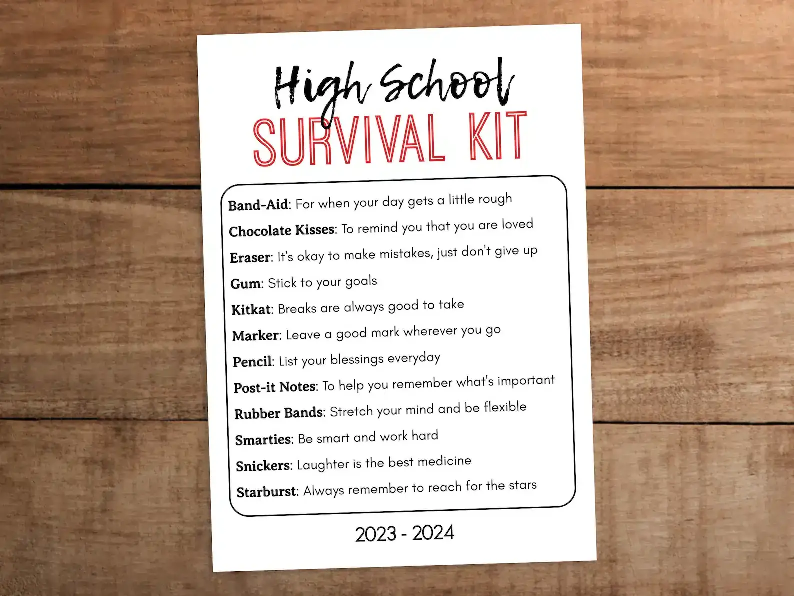 High School Survival Kit printable poem