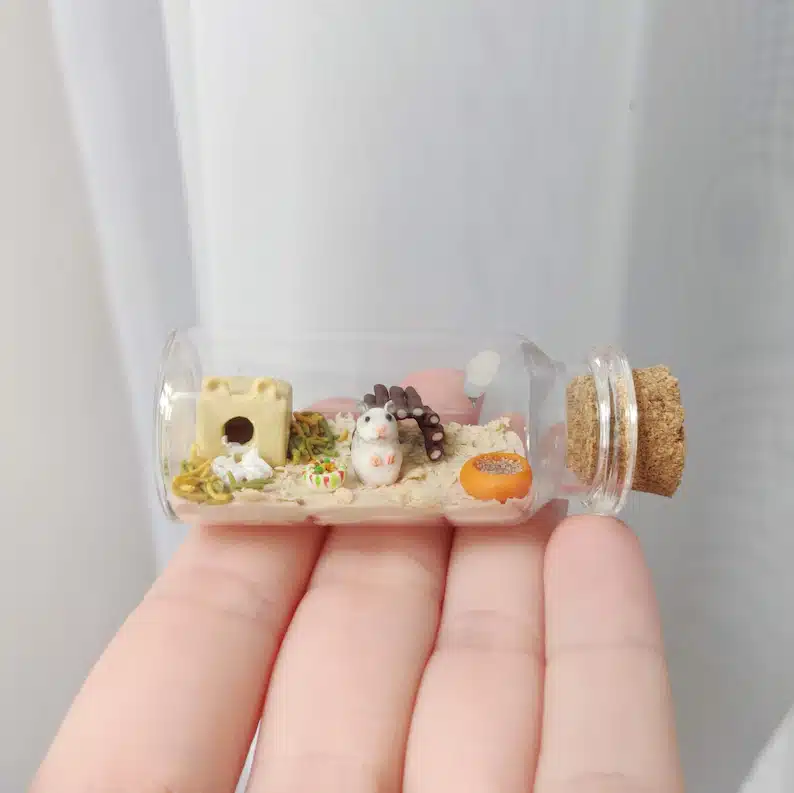 small glass jar containing a hamster habitat. 
