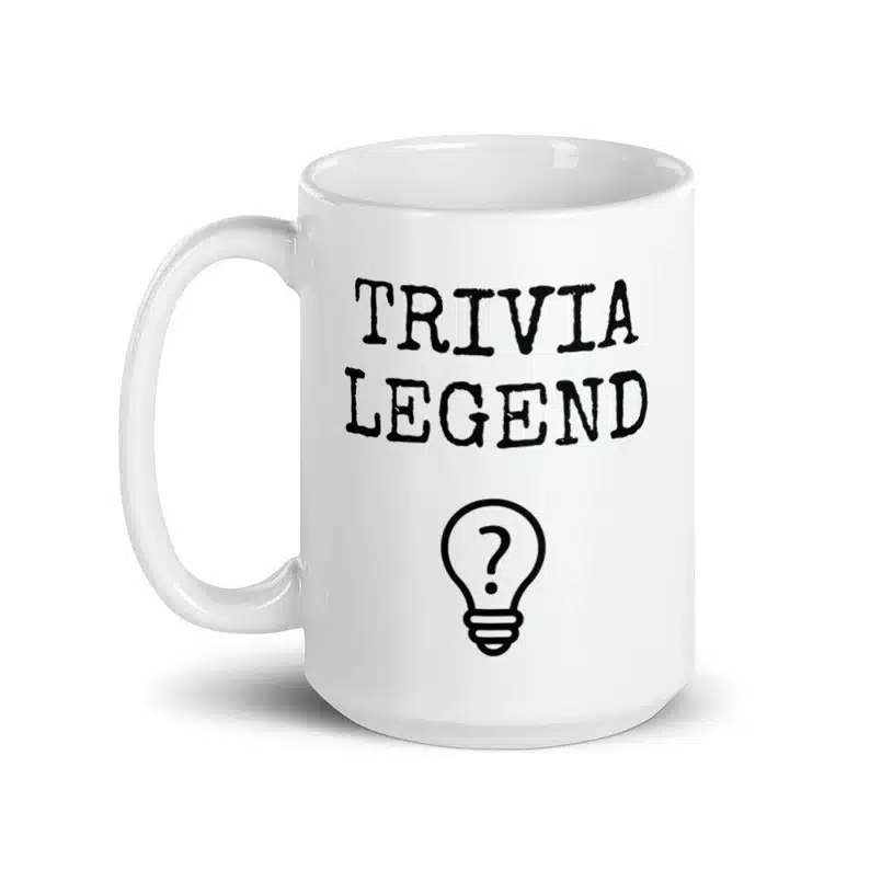 Welcome Gifts for Quiz Competitions - white coffee mug with black font that says Trivia Legend. 