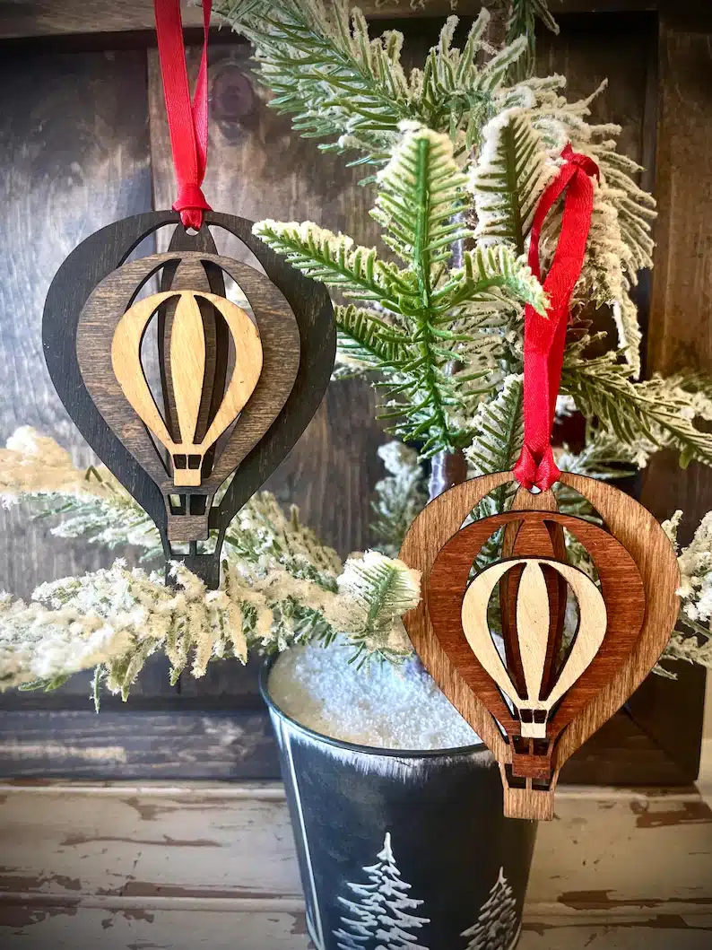 Stacked hot air balloon laser cut wood ornament- brown and grey. Gifts For People Who Love Hot Air Balloons