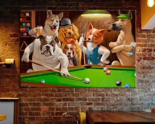 Large canvas with dogs playing pool. 