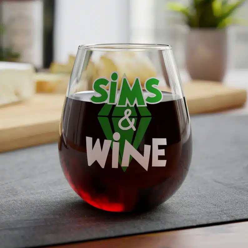 The Sims themed wine glass. 