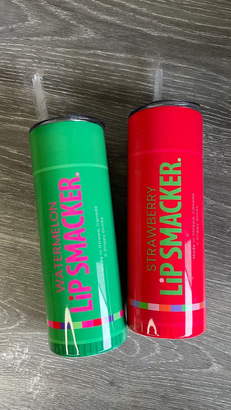 Gift Ideas To Celebrate The 00s (Decade) - green and red lip smackers tumbler water bottles. 