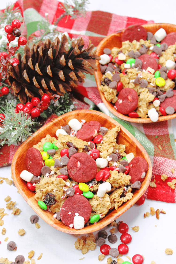 Santa Claus Trail Mix Recipe - close up of bowls wiht a large pinecone beside it.