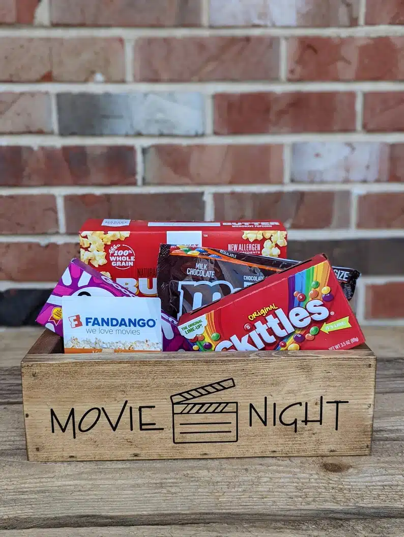 Gifts to Cheer Up Your Boyfriend - movie night package with wooden box and snacks for movies 
