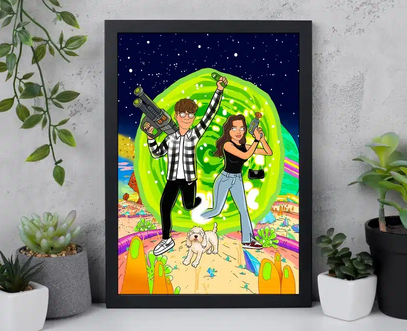 Gifts to Cheer Up Your Boyfriend - custom rick and Morty style portrait of boy and girl. 