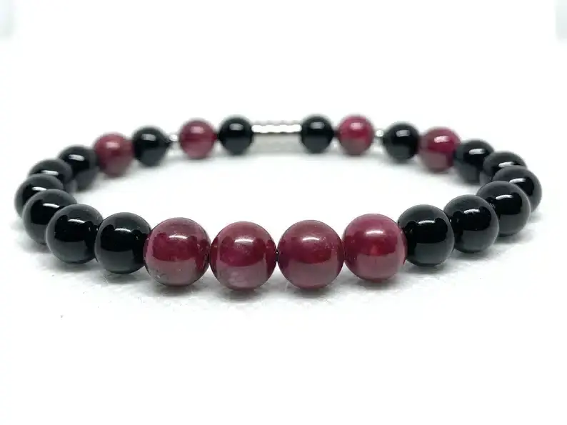 Black Onyx Beaded Bracelet with Ruby Beads