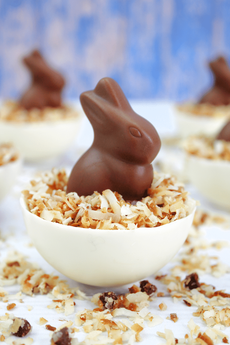 white chocolate base with toasted coconut on top with a milk chocolate bunny sitting on top.