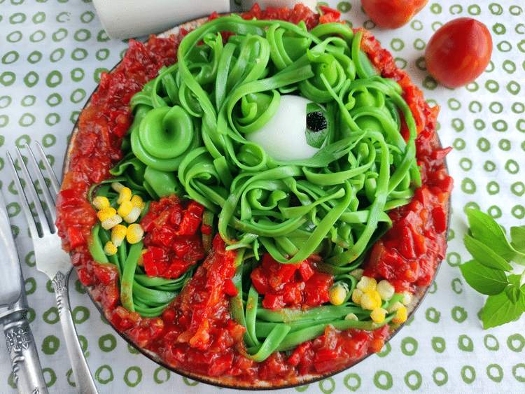 Spaghetti Monster Halloween Dinner - sauce now added to creation. 