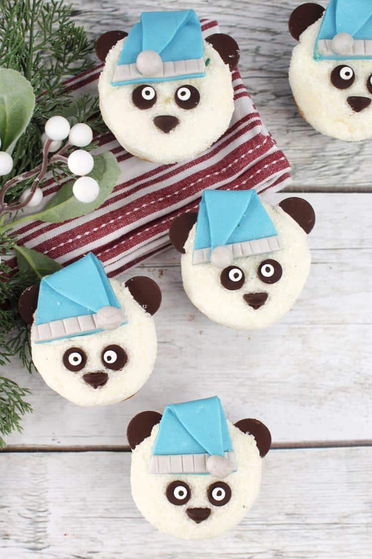 Close up of finished panda cupcakes.