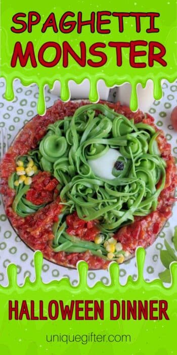 Spaghetti Monster Halloween Dinner | Green Pasta Dish | Halloween Recipes | Halloween Dinner Ideas | Halloween Pasta Dish | Creepy Halloween Recipe Ideas You Will Love #Spaghetti #Monster #Halloween #HalloweenRecipe #MonsterRecipe