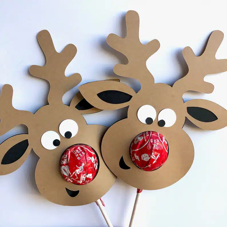 Best Christmas classroom gifts for Kindergarten Students - brown reindeer with a red sucker as a nose 