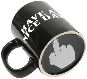 Have a Nice Day Funny Mug with middle finger on bottom