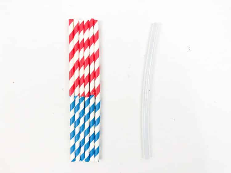 Red and blue straws cut in half now glued together. Patriotic Rocket Craft