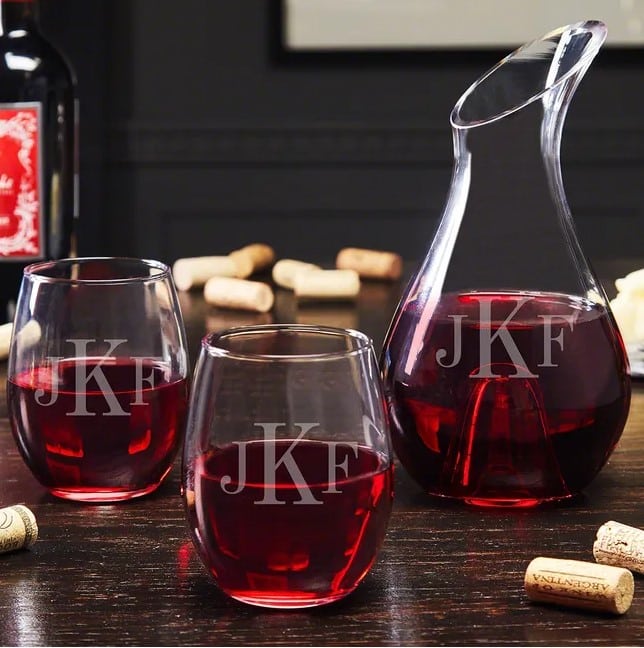 Personalized Wine Decanter and 2 Stemless Wine Glass Set 
