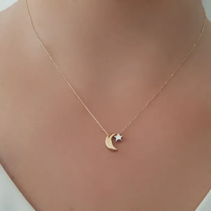 10k 14k 18k Solid Gold Moon Star Necklace